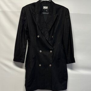 Donna Karan New York Black 100% Linen Double Breasted Blazer Dress Women's 8